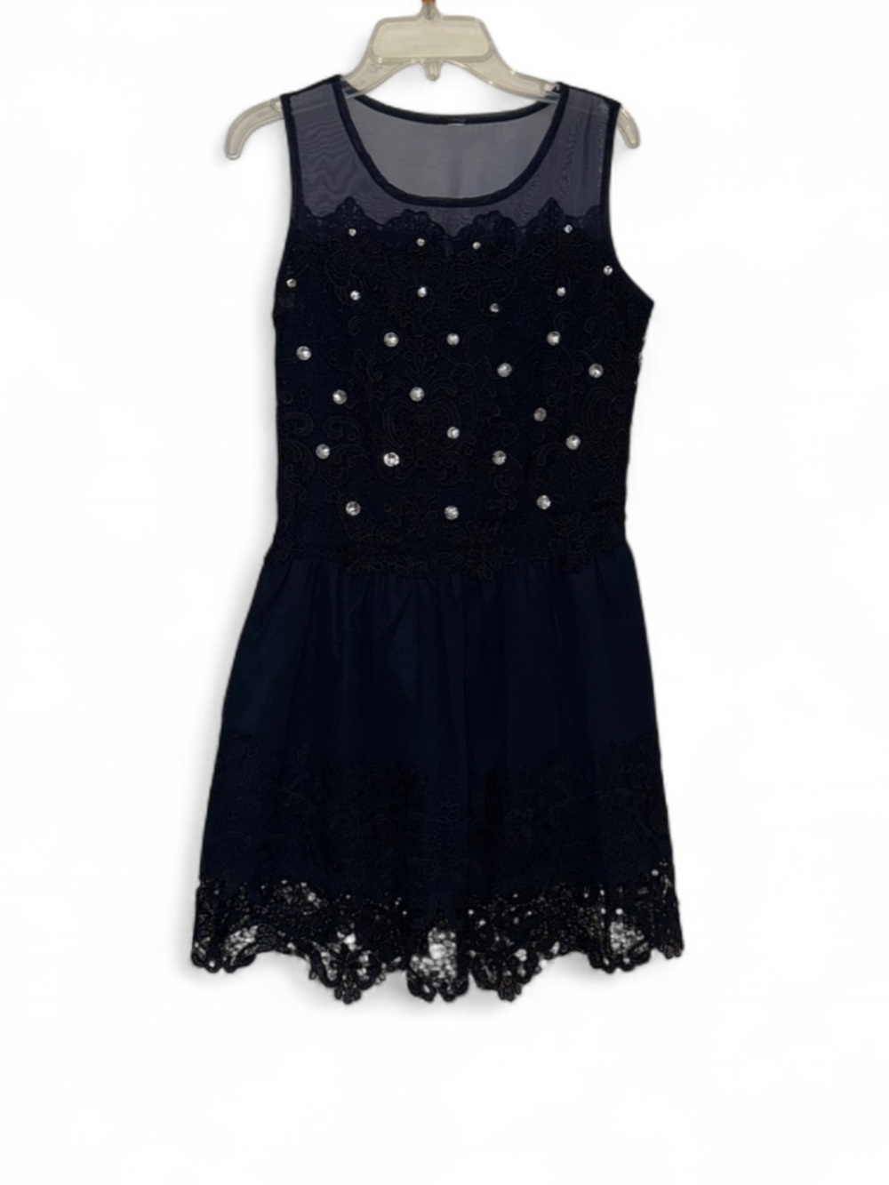 Girls Juniors Size L Navy Blue Party Formal Fancy Sparkle lace Dress